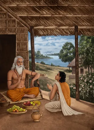 A guru and disciple in an ancient hermitage